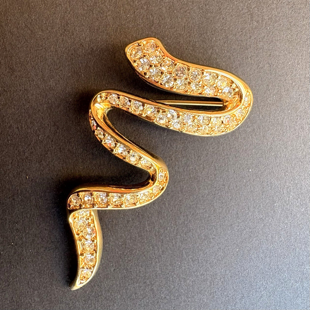 Vintage Erwin Pearl Zig‎ Zag Gold Tone Crystal Rhinestones Brooch 2"